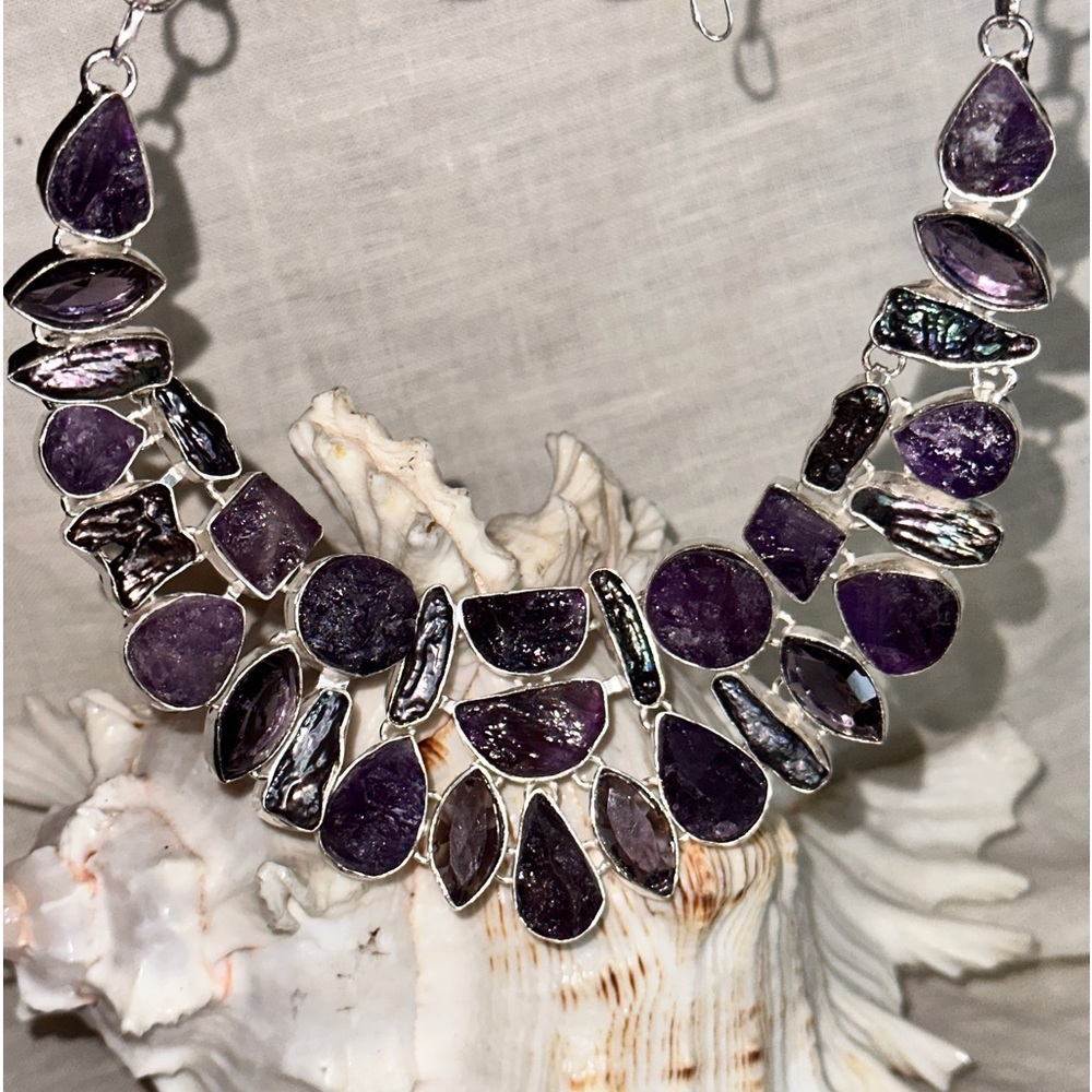 Stunning Rough Amethyst + Polished Amethyst + Biwa Pearl statement necklace